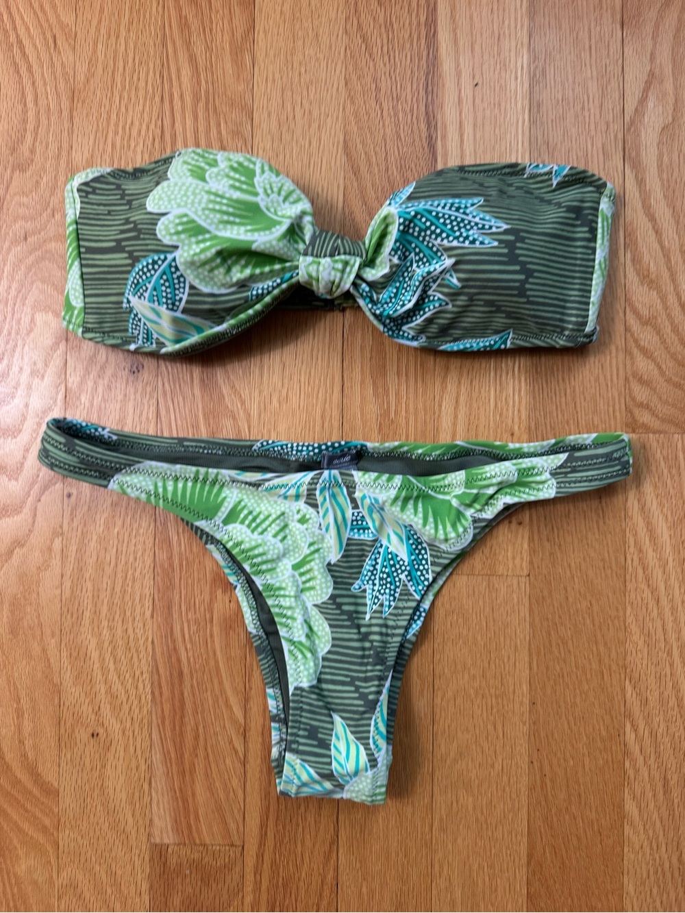 Aerie Strapless Bikini Green Leaf Pattern - Medium Top & Small Cheekier Bottom
